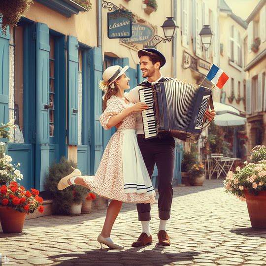 フランスの街でアコーディオンを弾きながら踊っている画像